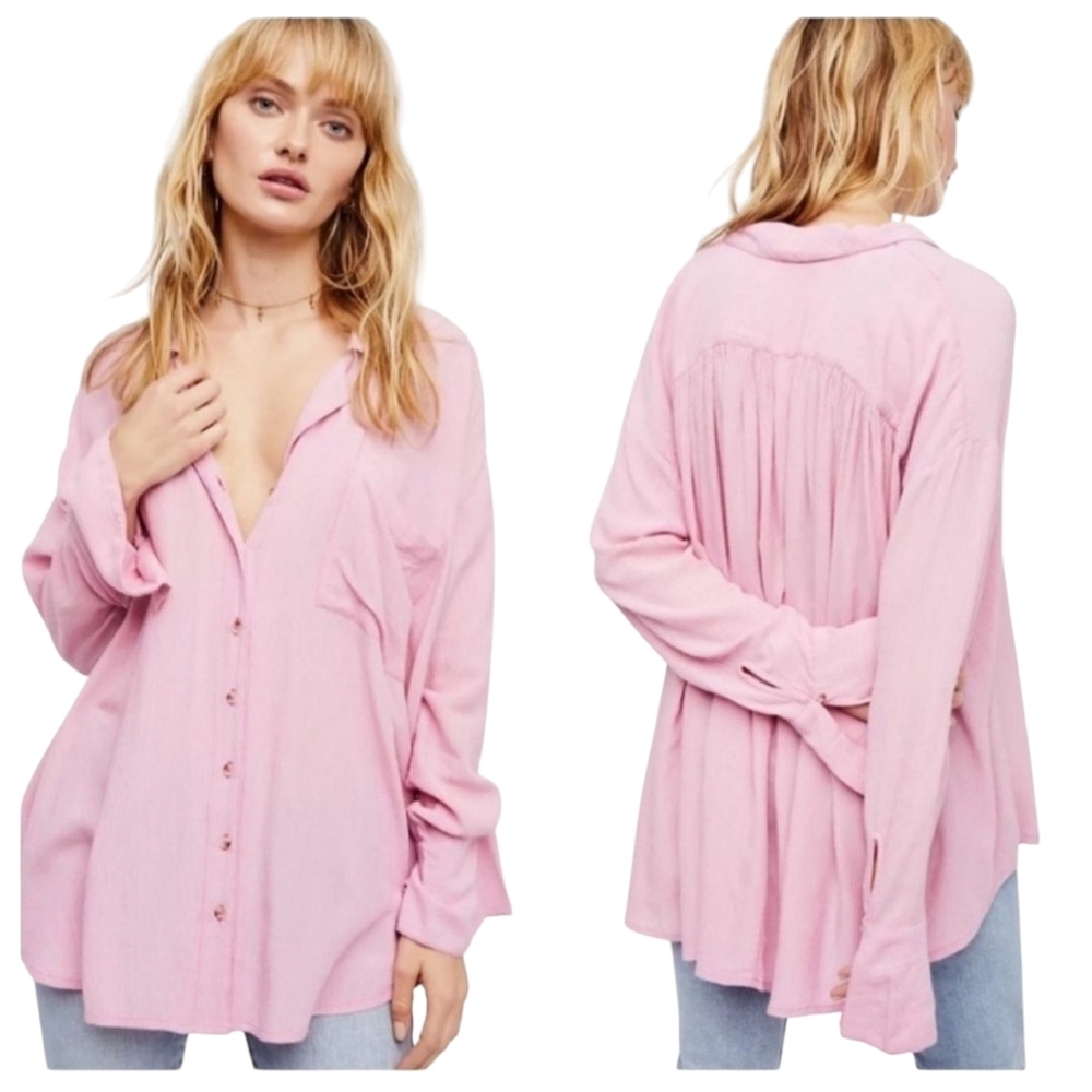 Free‎ People Top XS Magic Breeze Oversized Striped Pink Button Up Shirt Collared